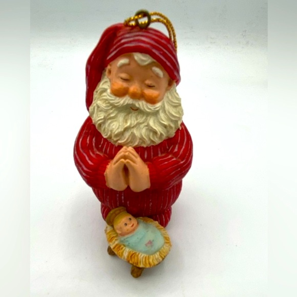 Vintage Giordano Art Kneeling Santa In Red Stripped PJs Kneeling by Baby Jesus